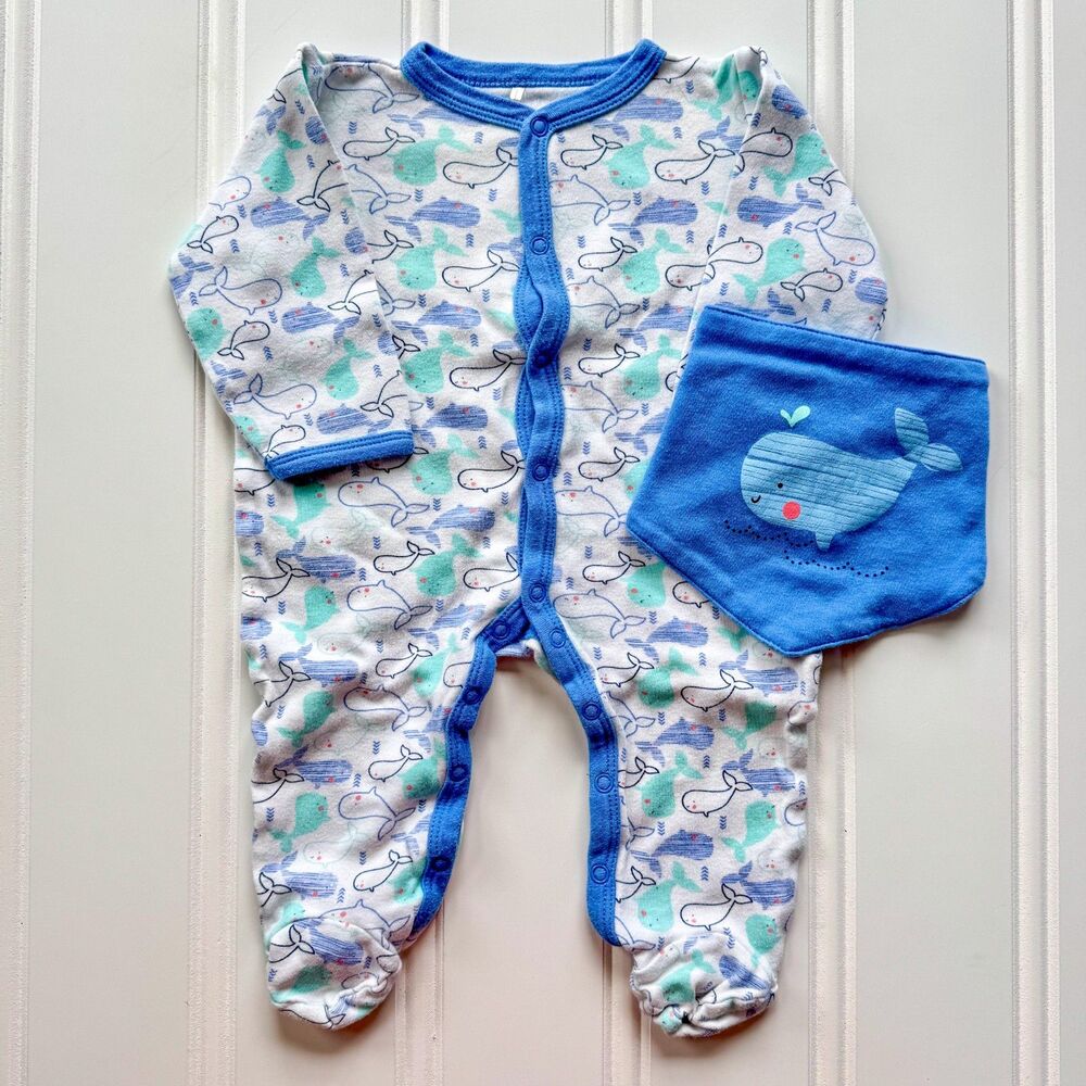 4/$10 - Chick Pea Whale Cotton Button Up Baby Footie and Bib | 6-9 Months